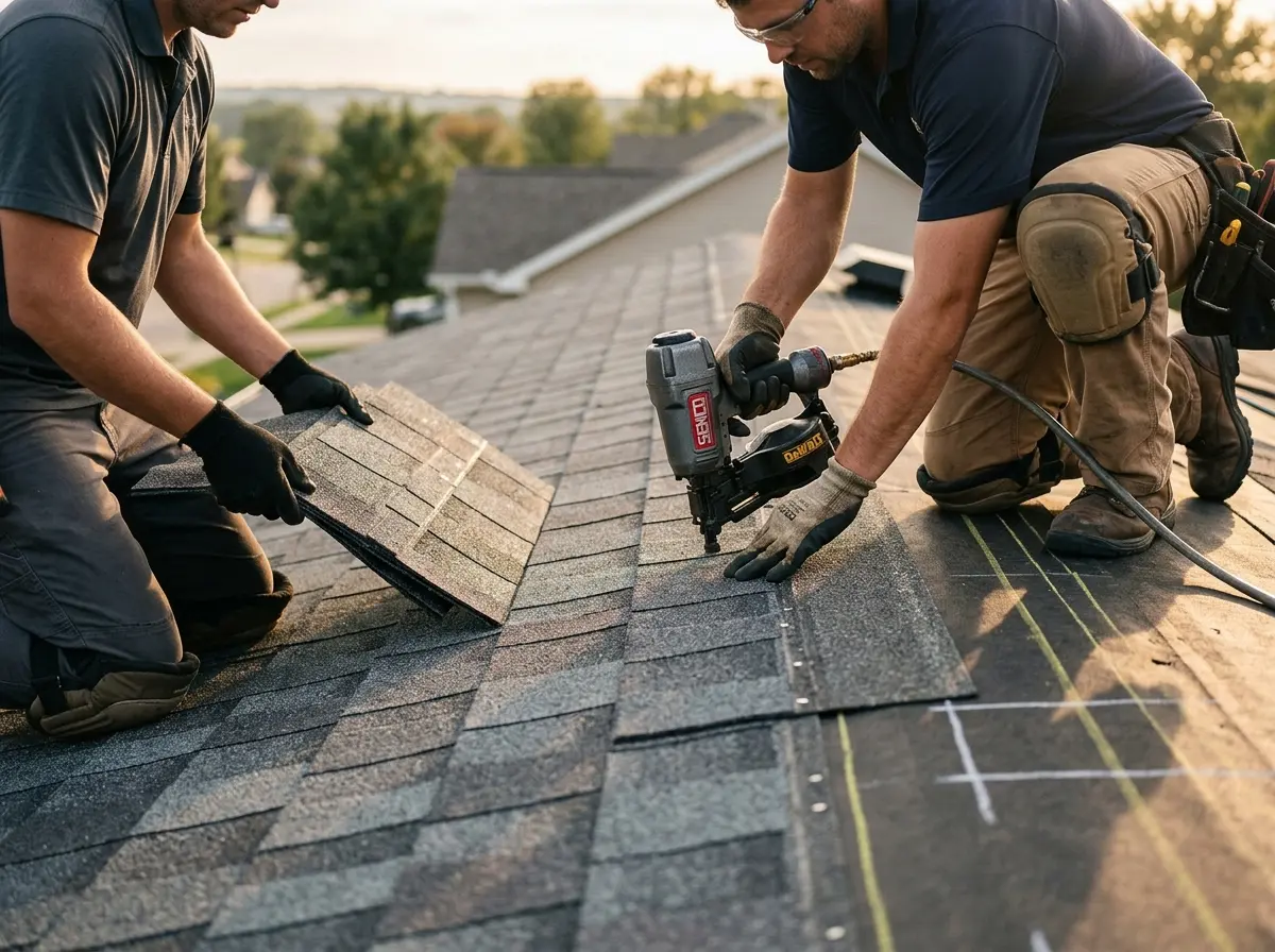 Professional roofer working on a residential roof in Vestal